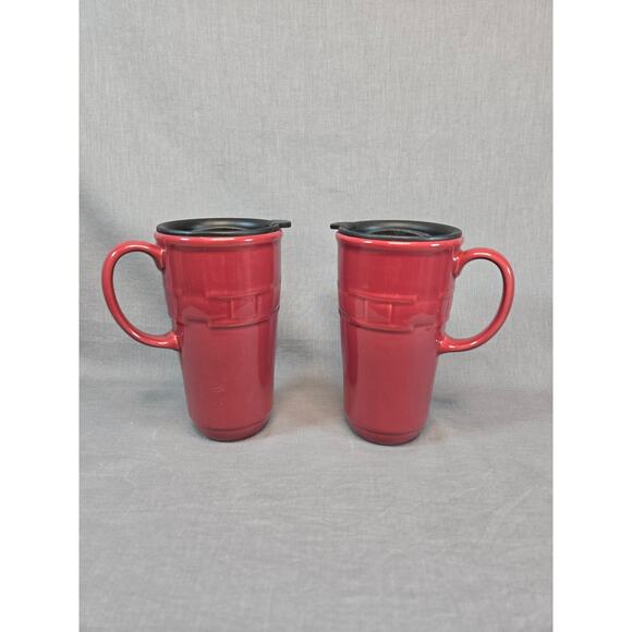 Set of 2 Longaberger pottery Woven Traditions travel mugs paprika red - Picture 1 of 4